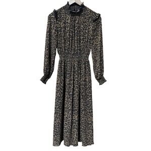 Zara Dress Womens XS Brown Black Leopard Print Long Sleeve Midi High Neck Animal